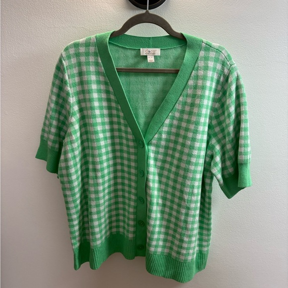 Denim & Co. Green Heritage Puff Sleeve Gingham Cardigan Sweater XL - Picture 2 of 5